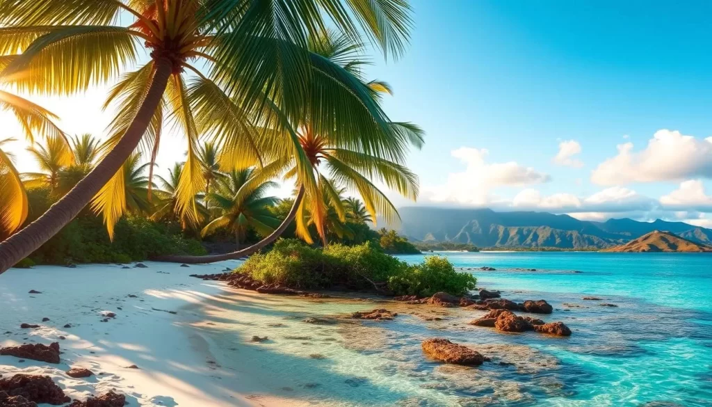 A lush, verdant tropical paradise in the South Pacific. Swaying palm trees line the pristine white sand beach, their fronds casting gentle shadows across the tranquil turquoise waters. Colorful coral reefs teeming with vibrant marine life lie just beneath the surface. A warm, golden sun bathes the scene in a soft, diffused light, creating a serene and inviting atmosphere. In the distance, rugged volcanic mountains rise up, their peaks shrouded in wispy clouds. A perfect day in the Cook Islands, a true oasis of natural beauty and tranquility.
