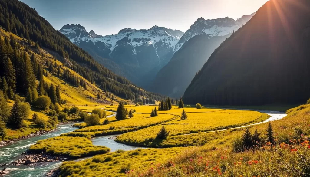 A lush, verdant valley nestled between towering mountain peaks, bathed in warm, golden sunlight. In the foreground, a winding river flows gently, its waters shimmering with reflections of the surrounding foliage. The middle ground features a verdant meadow, dotted with colorful wildflowers that sway in a gentle breeze. In the background, rugged, snow-capped peaks rise majestically, their slopes covered in dense, evergreen forests. The overall scene conveys a sense of tranquility, serenity, and the breathtaking natural beauty of this hidden gem in Turkey.