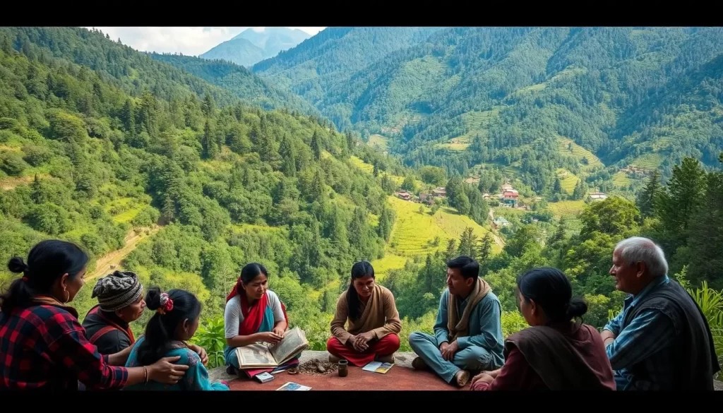 A lush, verdant valley nestled in the Himalayan foothills, with vibrant forests and rolling hills in the background. In the foreground, a group of local community members gathered around a traditional storytelling circle, passing down their indigenous language and cultural traditions to the next generation. Warm, natural lighting illuminates their faces, conveying a sense of harmony and reverence for language preservation. The scene is captured with a wide-angle lens, allowing the viewer to fully immerse themselves in the serene, peaceful atmosphere of this language preservation effort.