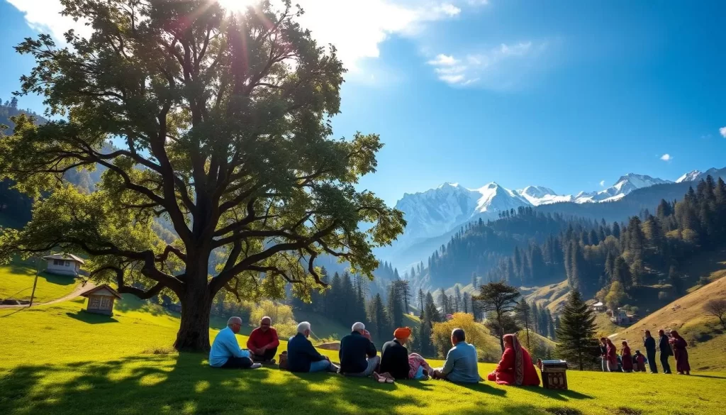 A lush, verdant valley nestled in the majestic Himalayas of Himachal Pradesh, India. In the foreground, a group of elders seated under a towering chestnut tree, engaged in a lively discussion, preserving the rich tapestry of local dialects and folk traditions. The middle ground showcases a diverse array of vibrant costumes and intricate handicrafts, reflecting the region's cultural heritage. In the background, snow-capped peaks touch the azure sky, creating a serene and awe-inspiring backdrop. Warm, diffused sunlight filters through the canopy, casting a gentle glow on the scene. The overall atmosphere radiates a sense of timelessness, where the past and present coexist in harmony, preserving the essence of language and identity in this picturesque corner of the world.