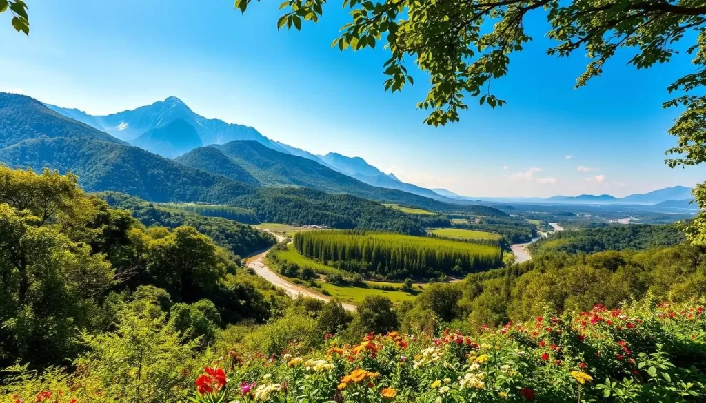 A lush, verdant valley unfolds beneath a clear, azure sky. Towering mountains rise in the distance, their peaks capped with glistening snow. Meandering rivers and streams wind through the landscape, their waters reflecting the vibrant hues of the surrounding foliage. In the foreground, a canopy of verdant trees casts dappled shadows on the fertile ground below, where a tapestry of wildflowers blooms in a riot of colors. Warm, golden sunlight filters through the leaves, creating a serene and tranquil atmosphere. The scene exudes a sense of tranquility and invites the viewer to immerse themselves in the natural beauty of this picturesque Laotian setting.