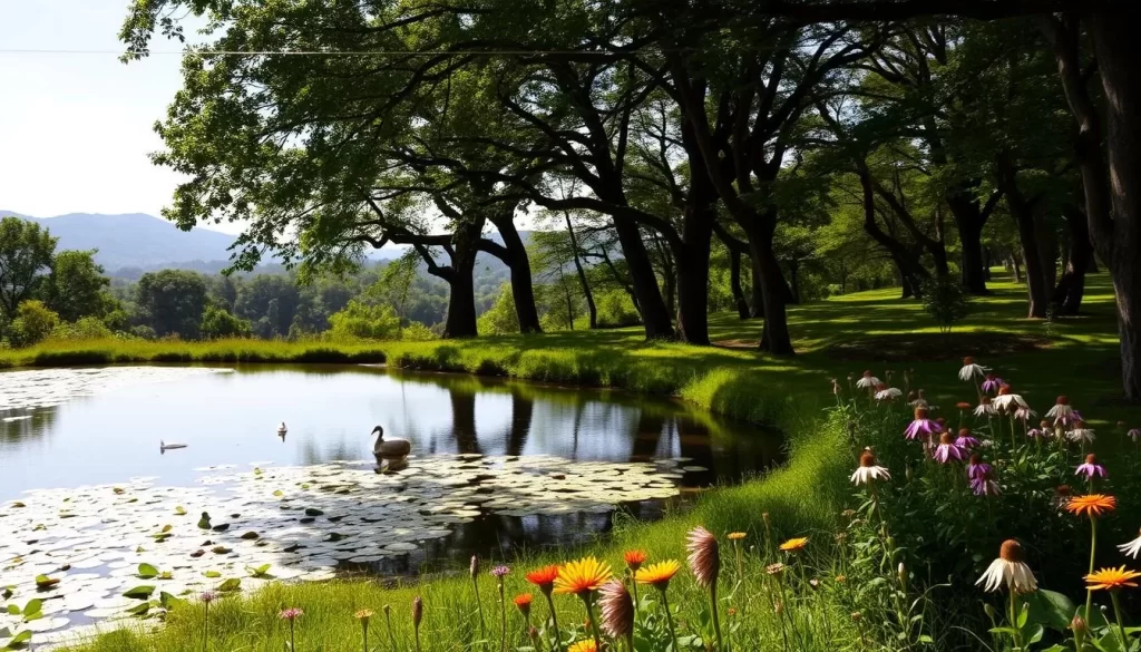 A lush, verdant wildlife sanctuary nestled in the heart of Agartala, Tripura. Towering trees cast dappled shadows on the winding trails below, where a diverse array of native flora and fauna thrive in harmony. In the foreground, a tranquil pond reflects the azure sky, its surface dotted with lily pads and the occasional graceful waterfowl. The middle ground features clusters of vibrant wildflowers, their petals swaying gently in the warm breeze. In the distance, rolling hills and a hazy horizon create a picturesque natural backdrop, evoking a sense of serene seclusion. Warm, soft lighting bathes the scene, capturing the peaceful ambiance of this lush, untamed paradise.