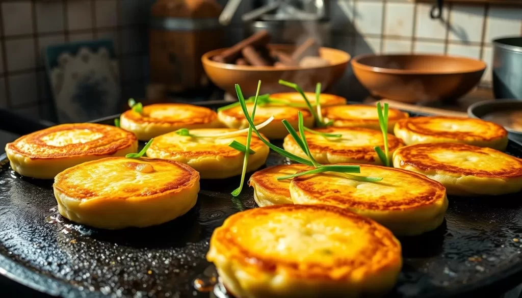 A lush, vibrant display of green onion cakes, freshly prepared on a well-seasoned cast-iron griddle. The cakes sizzle and steam, their golden-brown surfaces accentuated by the warm, diffused lighting of a sunny Yilan afternoon. Delicate green onion fronds cascade over the edges, lending a rustic, homemade charm. In the background, a traditional Taiwanese kitchen, with its tiled walls and weathered wooden surfaces, provides a cozy and authentic setting for this iconic local delicacy. The aroma of the cakes permeates the air, enticing the viewer to reach out and savor the flavorful combination of crisp exterior and soft, pillowy interior.