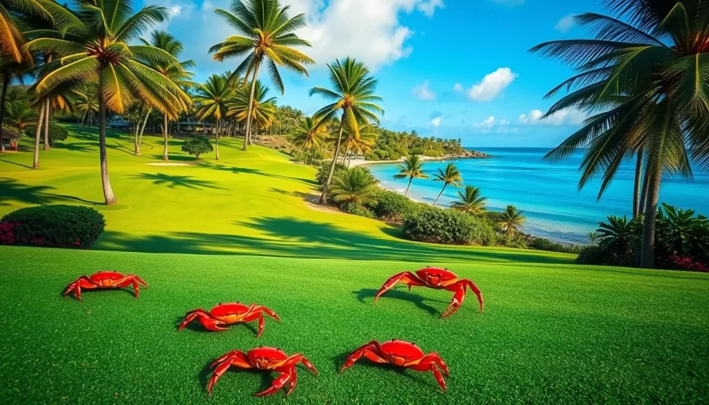 A lush, vibrant golf course on Christmas Island, with a picturesque layout winding through the tropical landscape. The fairways are lined with towering palm trees, casting dappled shadows on the emerald-green grass. In the foreground, a group of iconic red crabs scuttle across the course, their bright crimson shells gleaming in the warm, golden sunlight. The tranquil, crystalline waters of the nearby lagoon reflect the azure sky, creating a serene and harmonious atmosphere. The scene is captured through the lens of a wide-angle camera, highlighting the expansive scale and natural beauty of this unique sporting venue that brings the local community together.