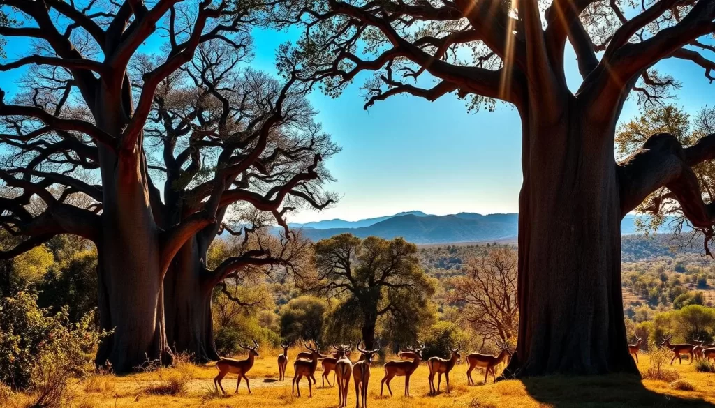 A lush, vibrant landscape in Mapungubwe National Park, South Africa. Towering, ancient baobab trees dominate the foreground, their thick, twisted trunks and distinctive silhouettes commanding attention. Sunlight filters through the canopy, casting a warm, golden glow across the scene. In the middle ground, a herd of impalas grazes peacefully, their graceful movements adding to the serene atmosphere. The background reveals rolling hills and a clear, azure sky, creating a sense of depth and tranquility. The overall mood is one of natural wonder and timeless beauty, capturing the essence of the park's wildlife and nature experiences.