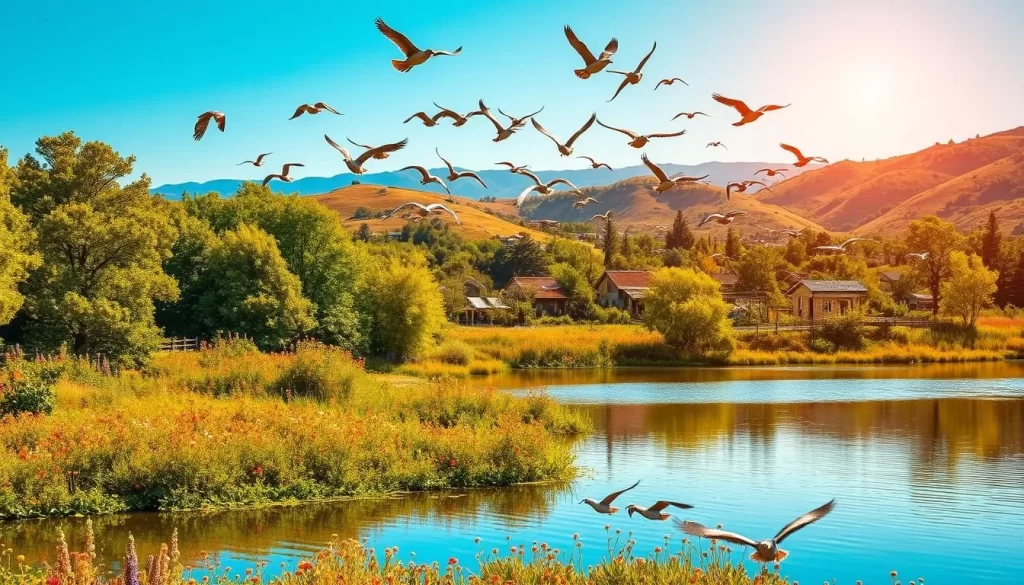 A lush, vibrant landscape of Kuşcenneti Milli Parkı, Turkey's renowned "Bird Paradise" national park. In the foreground, a serene lake reflects the vibrant colors of the surrounding foliage - verdant trees, radiant wildflowers, and a clear blue sky. In the middle ground, a flock of diverse bird species take flight, their graceful movements captured in crisp, high-resolution detail. The background features rolling hills and distant mountains, bathed in warm, golden sunlight that casts a magical glow over the entire scene. The overall atmosphere is one of tranquility, wonder, and the natural splendor that makes this location a true avian paradise.
