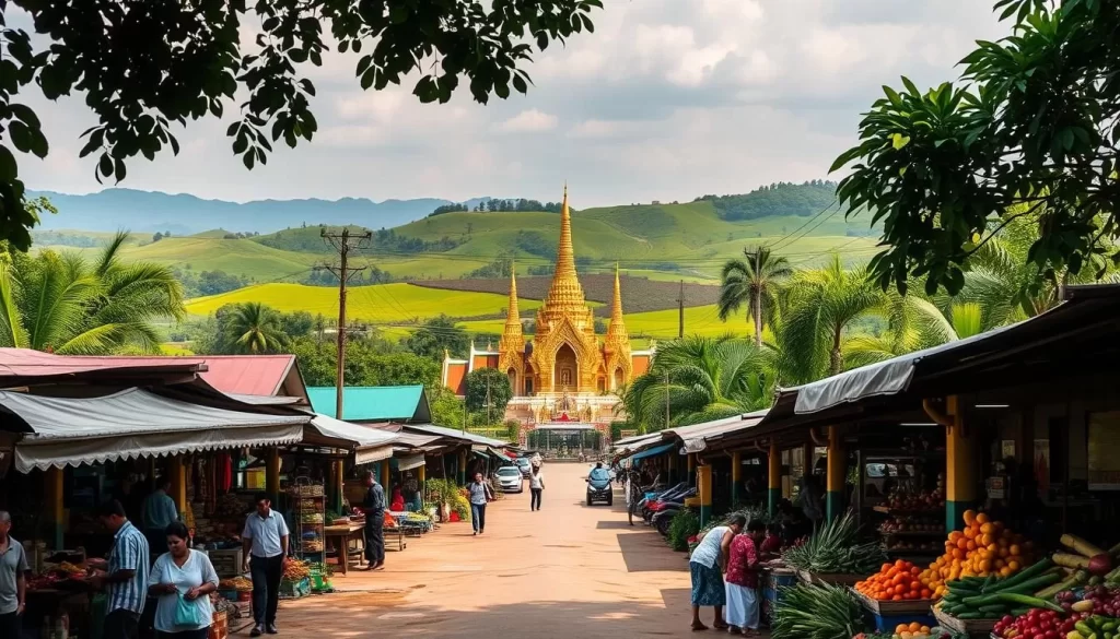 A lush, vibrant landscape of Udon Thani, Thailand's hidden gem. In the foreground, a bustling local market with vendors selling an array of fresh produce and fragrant street food. The middle ground features a serene Buddhist temple, its golden spires glinting in the warm afternoon sunlight. In the background, rolling hills dotted with verdant rice paddies stretch out to the horizon. The atmosphere is one of tranquility and cultural immersion, inviting the viewer to explore the region's rich history and traditions. Capture this scene with a wide-angle lens, using natural light to accentuate the vibrant colors and textures.