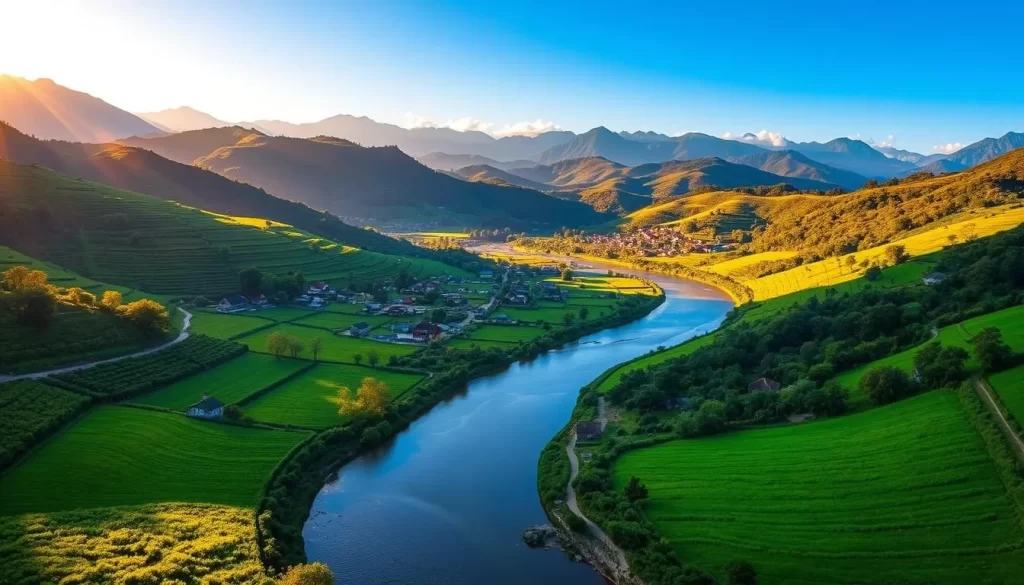 A lush, vibrant landscape of Yunli County, Taiwan, bathed in warm, golden sunlight. In the foreground, a winding river snakes through verdant fields, its gentle current reflecting the clear blue sky. Towering mountains rise in the distance, their peaks touching the clouds. In the middle ground, quaint villages dotted with traditional Taiwanese architecture nestle between the rolling hills. The scene exudes a peaceful, serene atmosphere, inviting the viewer to explore the region's natural beauty during the ideal weather conditions.