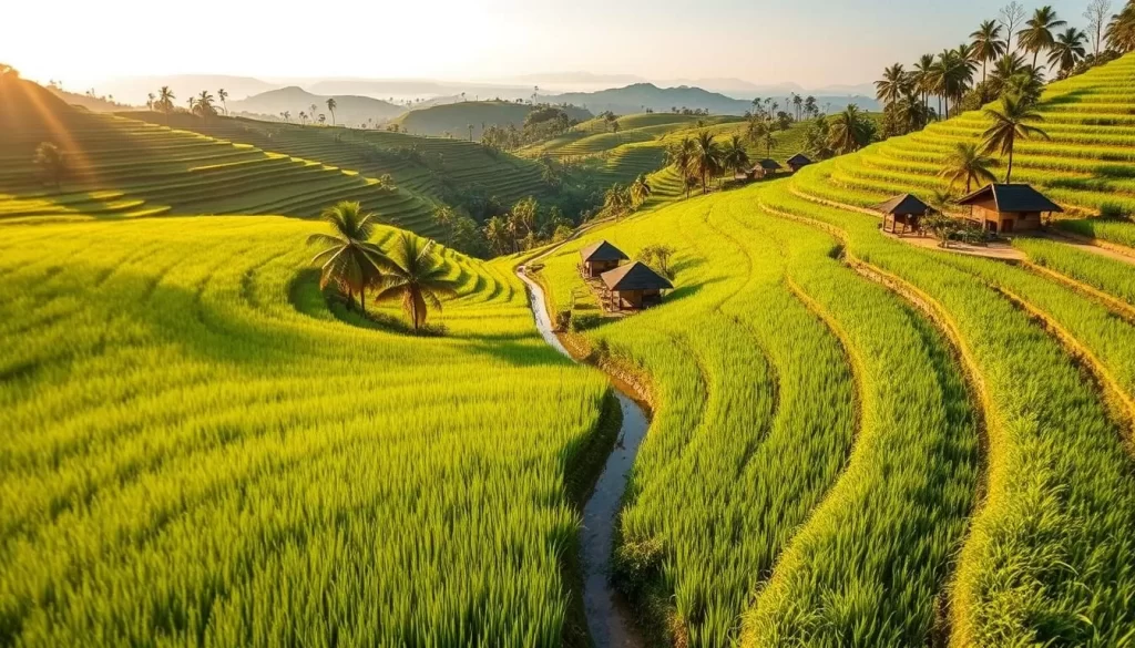A lush, vibrant landscape of terraced paddy fields in Perlis, Malaysia, under a bright, cloudless sky. The verdant rice paddies stretch out in gentle undulations, their emerald hues accentuated by the warm, golden sunlight filtering through. In the foreground, water-filled paddies reflect the surrounding foliage, creating a mesmerizing mirror-like effect. In the middleground, rural pathways wind between the fields, lined with swaying palm trees and traditional wooden huts. The background features rolling hills and distant mountains, hazy in the distance, completing the picturesque scene. Capture the tranquil, serene atmosphere of this idyllic agricultural landscape, perfect for a visit during the best time of year in Perlis.