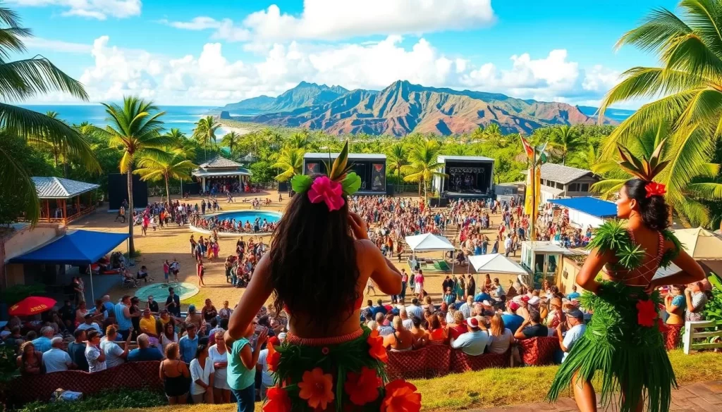 A lush, vibrant scene depicting the diverse cultural festivals across the Hawaiian islands. In the foreground, hula dancers sway gracefully, adorned in colorful traditional attire. The middle ground showcases vibrant crowds gathered around stages, enjoying live music and festive performances. In the background, stunning vistas of palm-fringed beaches, volcanic landscapes, and azure skies set the stage for these joyous celebrations. Diffused natural lighting casts a warm, golden glow over the entire composition, capturing the idyllic and celebratory atmosphere of these beloved Hawaiian festivals.
