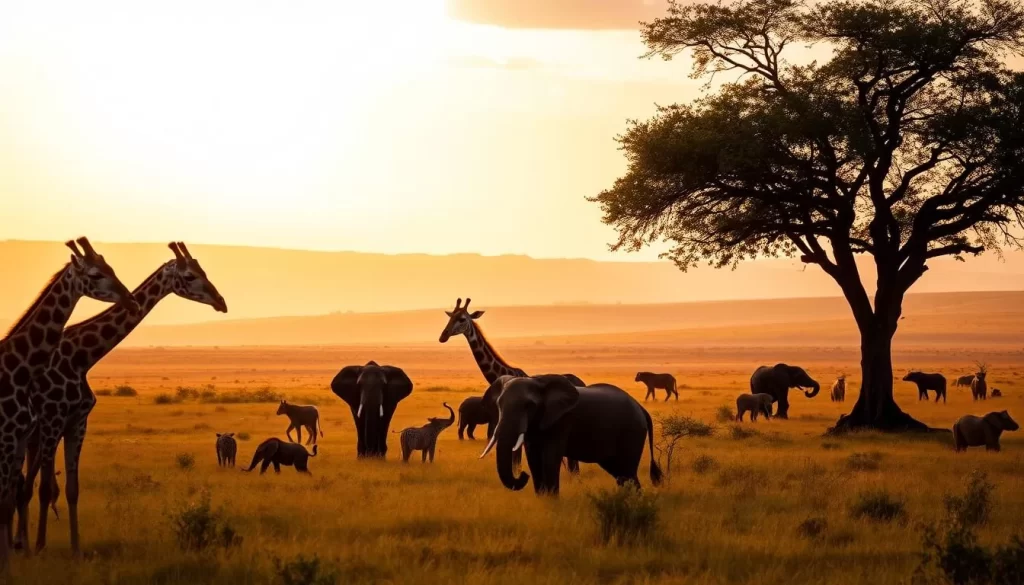 A lush, vibrant scene in Sibiloi National Park, Kenya. In the foreground, a herd of majestic giraffes gracefully graze, their long necks silhouetted against the warm, golden-hued sky. In the middle ground, a family of elephants playfully interact, their wrinkled skin glistening in the soft, diffused lighting. In the distance, a pride of lions rests beneath the shade of an acacia tree, their alert gazes surveying the vast, rolling savanna. The scene is filled with a sense of harmony and tranquility, capturing the essence of wildlife viewing in this stunning Kenyan national park.