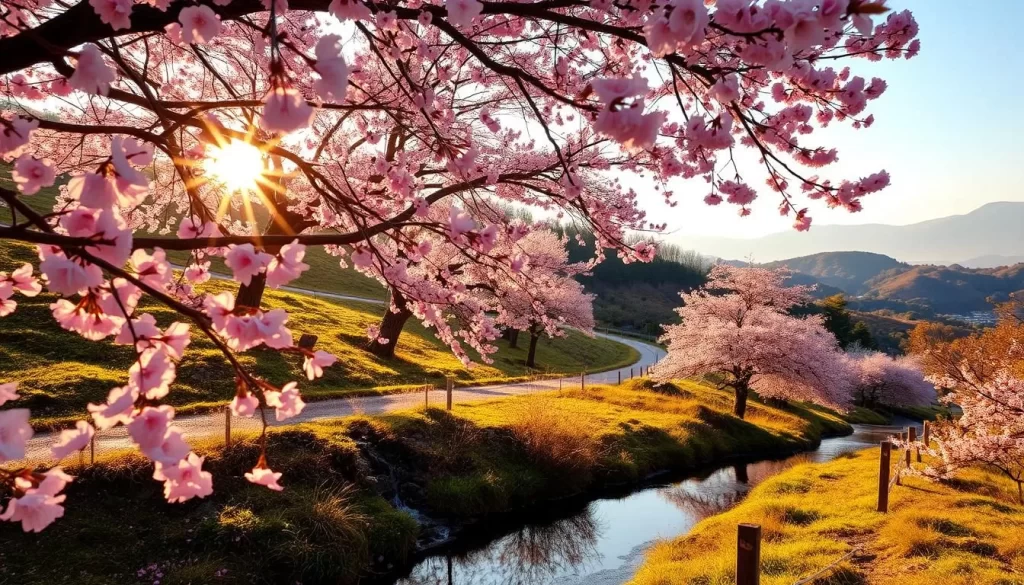 A lush, vibrant scene of cherry blossoms in full bloom, nestled among the rolling hills and verdant forests of North Jeolla Province, South Korea. Delicate pink petals drift gracefully on a gentle breeze, creating a captivating natural tapestry. Warm, golden sunlight filters through the canopy, casting a soft, romantic glow. In the foreground, a tranquil stream reflects the blossoms, creating a serene, mirror-like surface. The middle ground features a winding path, inviting the viewer to explore this picturesque springtime landscape. In the background, the silhouettes of distant mountains frame the scene, adding depth and a sense of immersion. The overall atmosphere evokes a sense of calm, beauty, and the rejuvenating essence of spring in North Jeolla Province.