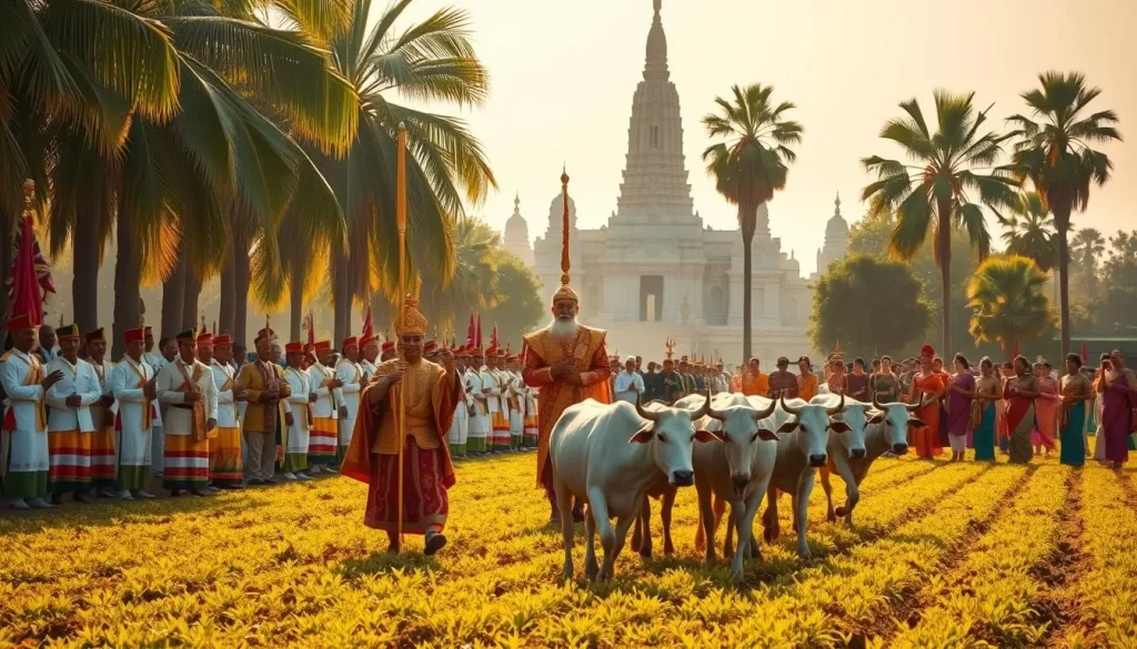 A magnificent Royal Ploughing Ceremony in the lush Cambodian countryside. In the foreground, the revered monarch dressed in resplendent ceremonial robes holds a golden plough, leading a team of majestic white oxen through the fertile soil. Surrounded by an ornate procession of nobles, musicians, and dancers in vibrant traditional costumes, the scene is bathed in warm, golden sunlight filtering through the verdant palm trees. In the background, the grand, ornate spires of a Khmer temple complex rise majestically, a testament to the kingdom's rich cultural heritage. The atmosphere is one of reverence, tradition, and a deep connection to the land.