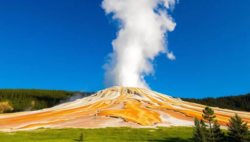 A magnificent geyser erupting in Yellowstone National Park, Montana. The towering plume of steaming water and vapor ascends gracefully against a clear, azure sky. Vibrant shades of orange, yellow, and white adorn the geyser's intricate, terraced mound, contrasting beautifully with the lush, verdant landscape surrounding it. The scene is bathed in warm, natural lighting, captured from a low, angle to emphasize the geyser's impressive scale and power. The overall atmosphere evokes a sense of natural wonder and the timeless beauty of this lesser-known thermal feature within the park.