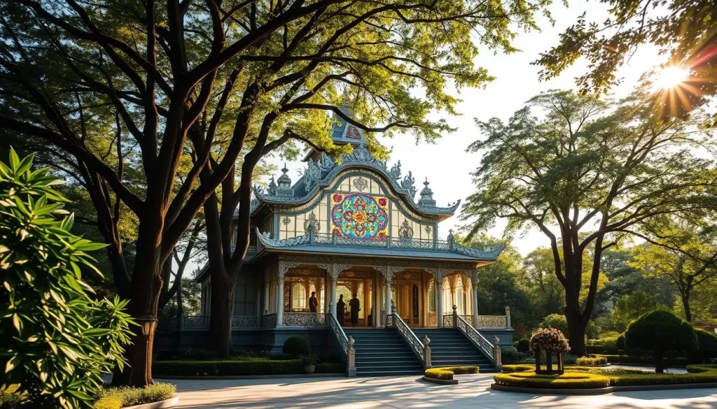 A magnificent glass temple nestled amidst lush foliage, its intricate facade shimmering in the warm sunlight. Ornate architectural details and colorful stained glass windows draw the eye, inviting visitors to step inside and bask in the serene ambiance. The temple stands in a tranquil courtyard, surrounded by meticulously manicured gardens and towering trees that cast gentle shadows across the scene. A peaceful atmosphere pervades the space, instilling a sense of calm and reverence. Capture the essence of this must-visit spiritual sanctuary in Changhua County, Taiwan, through a detailed, high-quality photographic rendering.