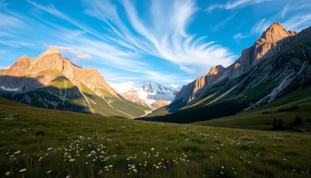 A magnificent, panoramic landscape of the Dachstein massif in Austria. In the foreground, a serene alpine meadow dotted with wildflowers sways gently in a light breeze. The middle ground features towering limestone peaks, their rugged faces catching the warm, golden light of the sun. In the distance, the iconic Dachstein glacier and its stunning blue-white ice fields glisten under a clear, azure sky. Wispy clouds drift overhead, creating dramatic shadows that dance across the mountainsides. The scene exudes a sense of tranquility and grandeur, perfectly capturing the majestic beauty of this iconic Austrian alpine region.