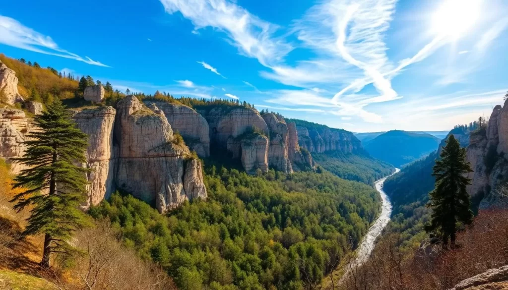 A magnificent ravine in Kazimierz Dolny, Poland, bathed in warm, golden sunlight. Towering limestone cliffs embrace a lush, verdant valley below, with a meandering stream cutting through the landscape. Tall, ancient trees line the ravine's edges, their branches swaying gently in the breeze. Soft, wispy clouds drift across a brilliant blue sky, casting delicate shadows on the rugged terrain. The scene exudes a sense of tranquility and natural beauty, inviting the viewer to explore and immerse themselves in the serene, unspoiled splendor of this geographic wonder.
