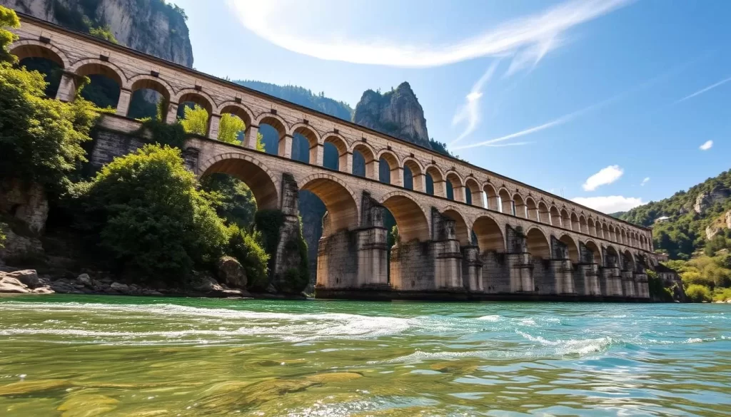 A majestic Roman bridge spanning the dramatic Köprülü Kanyon, surrounded by lush greenery and towering cliffs. Sunlight filters through the arches, casting warm shadows on the ancient stonework. The bridge stands as a testament to engineering prowess, seamlessly blending with the natural landscape. In the foreground, crystal-clear waters of the river flow gently, reflecting the bridge's elegant silhouette. Wispy clouds drift overhead, adding to the serene ambiance. Capture the timeless beauty of this striking photography location in Turkey's stunning Köprülü Kanyon Milli Parkı.