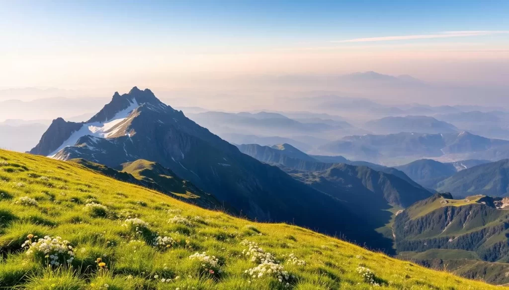 A majestic alpine landscape in Triesenberg, Liechtenstein, showcasing the region's natural beauty. In the foreground, lush green meadows dotted with wildflowers sway gently in the breeze. In the middle ground, rugged, snow-capped peaks rise majestically, their jagged contours casting long shadows across the valley. The background is dominated by a breathtaking panorama of distant mountain ranges, their hues ranging from deep blues to hazy purples. The scene is bathed in warm, golden sunlight, creating a serene and tranquil atmosphere. A perfect illustration of the natural wonder and alpine charm of Triesenberg.