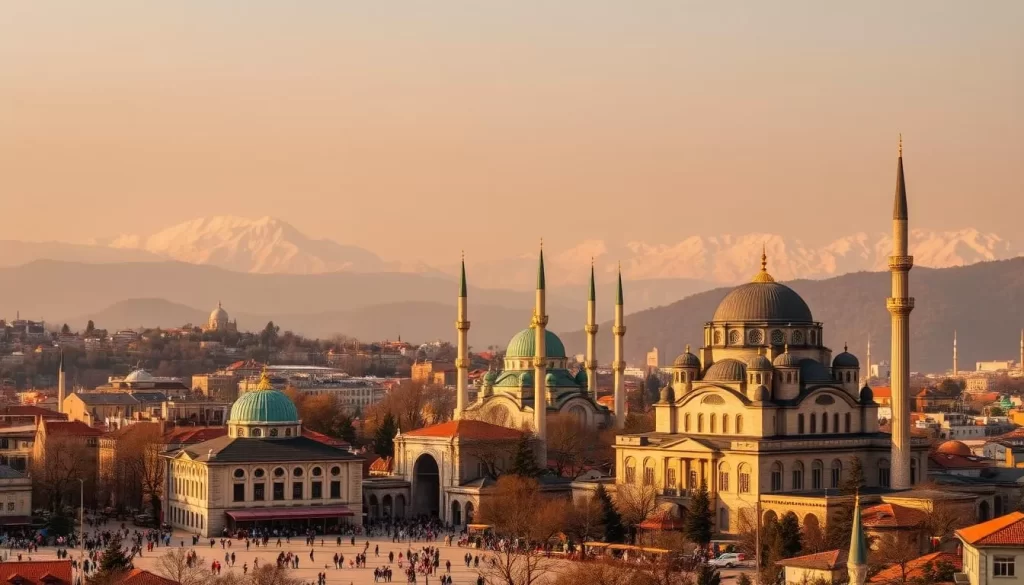 A majestic cityscape of Bursa, Turkey, showcasing its historical significance. In the foreground, the grand Ulu Cami (Grand Mosque) stands tall, its ornate domes and minarets casting long shadows on the bustling square below. In the middle ground, the Yeşil Türbe (Green Tomb) and Yeşil Cami (Green Mosque) rise up, their verdant tiled facades glimmering in the warm, golden sunlight. In the background, the snow-capped peaks of the Uludağ mountains loom, providing a stunning natural backdrop to this ancient city. The scene is bathed in a soft, hazy atmosphere, evoking a sense of timeless wonder and the rich cultural heritage of Bursa, Turkey's historical gem.