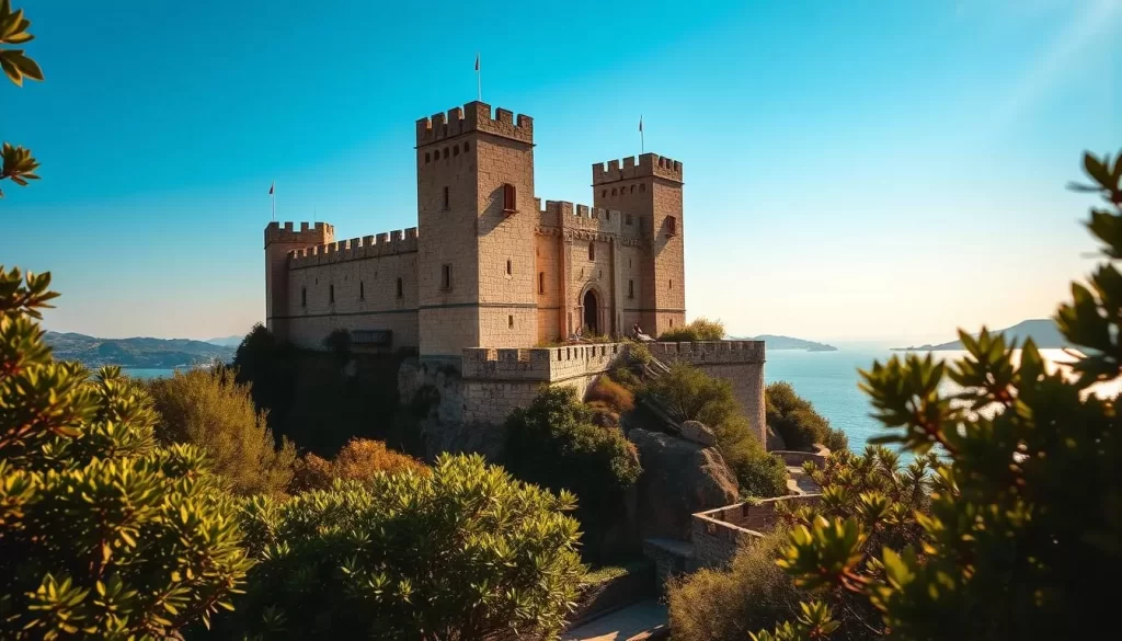A majestic fortress perched atop a towering cliff, Alanya Castle stands proud against the azure Mediterranean sky. Its imposing stone walls, punctuated by sturdy towers, cast long shadows across the sun-kissed landscape. In the foreground, a lush, verdant garden frames the castle's entrance, inviting visitors to step back in time. Warm, golden sunlight filters through the leaves, casting a gentle, romantic glow over the entire scene. In the distance, the sparkling waters of the Alanya Harbor glisten, completing the picturesque vista. The overall mood is one of awe-inspiring grandeur and timeless beauty, a perfect representation of Alanya's most iconic landmark.