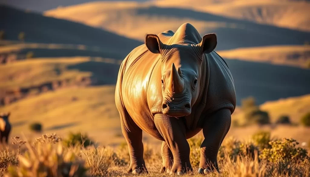 A majestic gold rhino stands tall, its surface gleaming in the warm afternoon sunlight. In the lush, rolling hills of Mapungubwe National Park, South Africa, this grand creature commands attention. The rhino's powerful frame is captured in a three-quarter view, allowing the viewer to appreciate its imposing stature and intricate, textured hide. The background is softly blurred, placing the focus entirely on the magnificent animal and emphasizing its cultural significance within this heritage-rich landscape. The overall scene exudes a sense of tranquility and timelessness, reflecting the deep connection between the people of Mapungubwe and the land they have long revered.