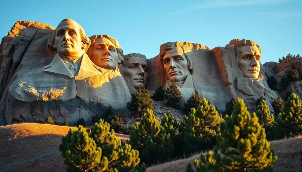 A majestic granite sculpture of four iconic American presidents gazes out over the rugged Black Hills of South Dakota. The towering, weathered faces of George Washington, Thomas Jefferson, Theodore Roosevelt, and Abraham Lincoln are captured in exquisite detail, their features carved with precision. Warm, golden sunlight bathes the memorial, casting dramatic shadows that accentuate the dramatic contours of the sculpture. In the foreground, lush evergreen trees and rolling foothills provide a serene, natural backdrop, creating a harmonious blend of human artistry and the untamed beauty of the American West. The resulting image conveys the awe-inspiring grandeur and historical significance of this renowned national landmark.