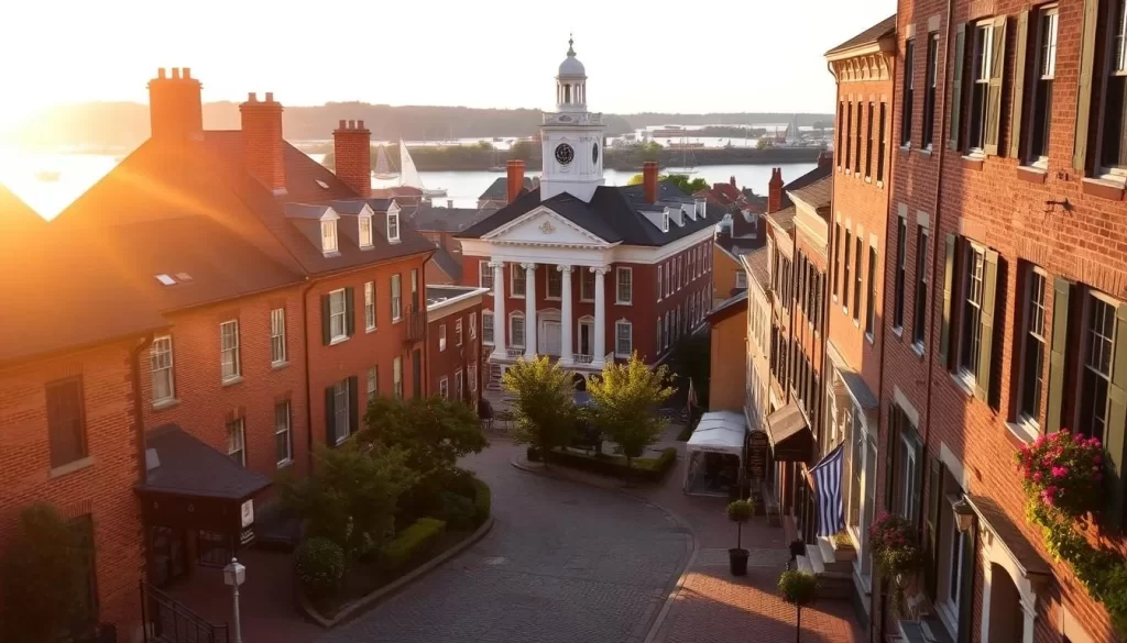 A majestic, historic New Castle, Delaware, nestled along the Delaware River. The sun casts a warm glow over the colonial-era brick buildings, their charming facades adorned with intricate architectural details. In the foreground, cobblestone streets wind through the quaint town, lined with lush greenery and blooming flowers. In the middle ground, the iconic New Castle Courthouse stands tall, its stately columns and clock tower a testament to the town's rich past. The background is framed by a picturesque riverside setting, with sailboats gently gliding across the calm waters. An atmosphere of timeless elegance and tranquility pervades the scene, inviting visitors to immerse themselves in the charm of this historic Delaware town.