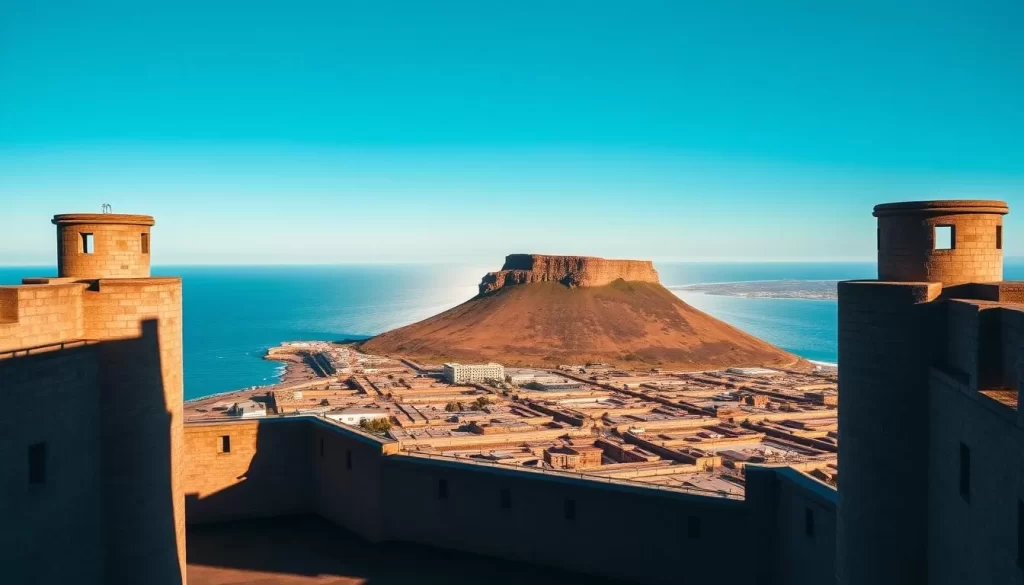 A majestic island fortress shrouded in history, Robben Island stands tall against the backdrop of a brilliant azure sky. In the foreground, weathered stone walls and watchtowers cast long shadows, hinting at the island's storied past. The midground reveals a sprawling complex of buildings, each with its own tale to tell - from the windswept prison cells to the stark limestone quarries where political prisoners once toiled. In the distance, the sparkling waters of Table Bay glisten, a reminder of the island's strategic location guarding the vital sea route. The scene is bathed in warm, golden light, evoking a sense of solemn reverence for the island's historical significance as a place of exile, incarceration, and, ultimately, liberation.