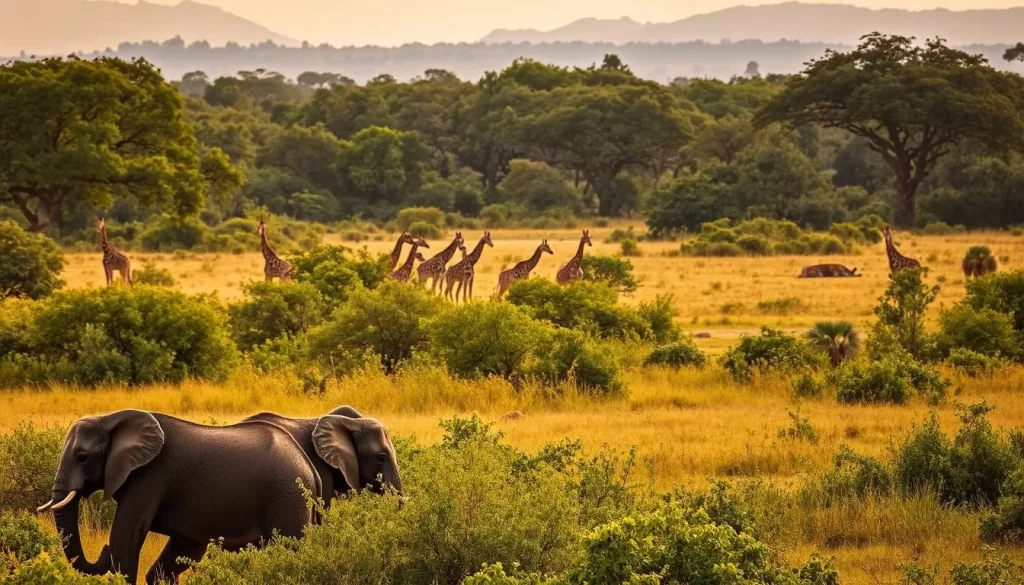 A majestic landscape in Hluhluwe-iMfolozi Park, South Africa. In the foreground, a herd of elephants grazes peacefully, their massive grey forms contrasted against the lush, verdant foliage. The middle ground reveals a group of curious giraffes, their long necks stretching towards the treetops. In the background, a distant pride of lions relaxes under the warm, golden light of the afternoon sun. The scene is bathed in a soft, natural lighting, captured through the lens of a high-quality camera. The atmosphere is one of tranquility and wonder, inviting the viewer to experience the majesty of Africa's iconic "Big 5" and the diverse wildlife that thrives in this protected sanctuary.