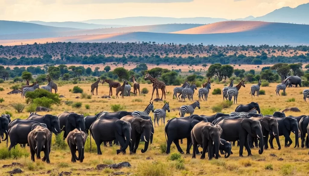 A majestic landscape of Tarangire National Park, Tanzania, where wildlife roams free. In the foreground, a herd of elephants leisurely grazes, their trunks swaying as they forage. Giraffes and zebras populate the middle ground, their distinct patterns creating a mesmerizing visual harmony. In the distance, rolling hills and acacia trees form the backdrop, bathed in the warm glow of the African sun. The scene exudes a sense of tranquility and abundance, capturing the essence of this hidden gem in the heart of Tanzania.
