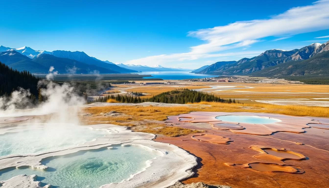 A majestic landscape of Yellowstone National Park, Montana, sprawling across the frame. In the foreground, crystalline hot springs and bubbling geysers steam in the warm sunlight. The middle ground features towering mountains, their snow-capped peaks reaching towards a brilliant azure sky. In the distance, a serene lake reflects the surrounding natural wonders. The scene is bathed in a warm, golden glow, creating a sense of tranquility and wonder. Capture this awe-inspiring vista using a wide-angle lens to showcase the breadth and beauty of Yellowstone's iconic attractions.