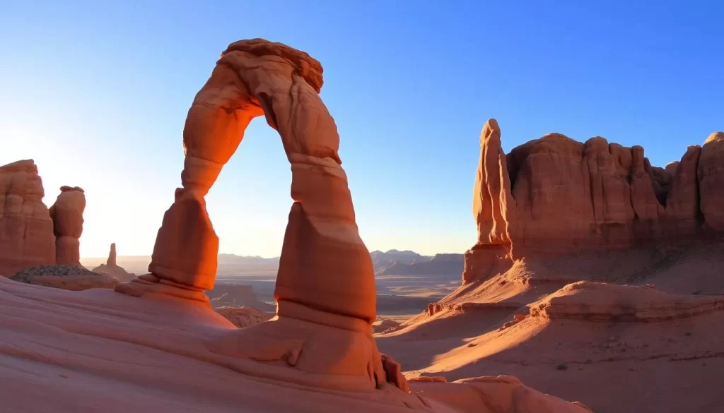 A majestic landscape of sandstone arches, carved by wind and time, set against a cloudless azure sky. In the foreground, a wide-angle lens captures the iconic Delicate Arch, its graceful curves framed by the golden glow of the setting sun. The middle ground reveals a panorama of towering rock formations, each with its own distinct character, inviting the viewer to explore their intricate details. In the distance, the rolling hills of the high desert stretch out, bathed in the warm hues of the desert twilight, creating a sense of tranquility and wonder. The scene is imbued with a sense of timelessness, encouraging the viewer to pause, breathe, and immerse themselves in the natural beauty of Arches National Park.