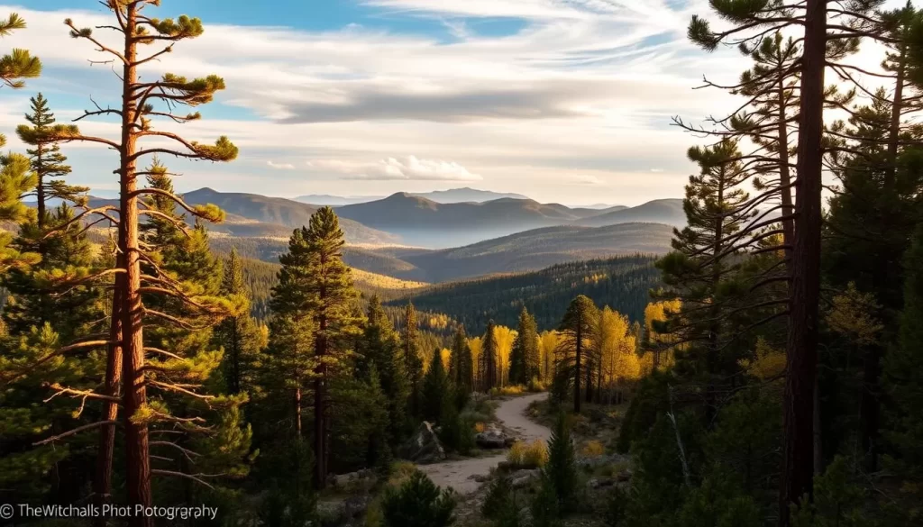 A majestic landscape of the Black Hills National Forest, South Dakota unfolds before the viewer. In the foreground, towering ponderosa pines sway gently in the warm breeze, their russet bark glowing in the golden afternoon sunlight. The middle ground reveals a winding trail that leads deeper into the forest, flanked by granite outcroppings and lush undergrowth. In the background, rolling hills dotted with aspen groves rise up, their trembling leaves shimmering in the soft hazy light. Wispy clouds drift overhead, casting playful shadows upon the serene scene. The overall mood is one of tranquil beauty, inviting the viewer to immerse themselves in the majesty of this untamed wilderness.