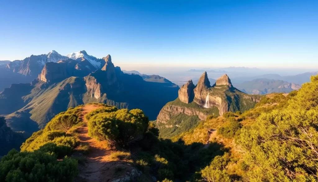 A majestic landscape of the Drakensberg Mountains in South Africa, with rugged, snow-capped peaks rising into a clear, azure sky. In the foreground, a winding mountain trail leads through lush, verdant foliage, inviting the viewer to explore the natural wonder. The middle ground features towering rock formations and cascading waterfalls, their mist-shrouded beauty creating a sense of awe and tranquility. In the distance, the mountains recede into a hazy blue horizon, their grandeur and scale instilling a profound sense of the sublime. Warm, natural lighting illuminates the scene, casting a golden glow and highlighting the textures and details of the landscape. The overall impression is one of majestic beauty, inviting the viewer to discover the splendor of this iconic South African destination.