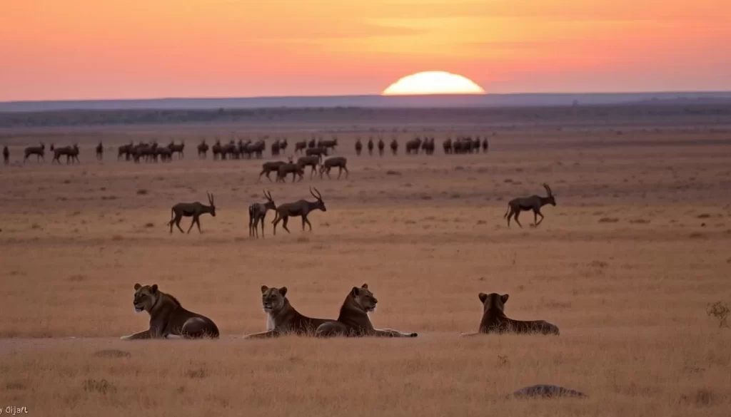 A majestic landscape of the Kgalagadi Transfrontier Park, South Africa. In the foreground, a pride of lions rests on the golden savanna, their powerful bodies casting long shadows. In the middle ground, a herd of springbok graze, alert to the presence of the predators. The background features a stunning sunset, with warm hues of orange and pink casting a soft glow over the scene. The image is captured with a wide-angle lens, providing a sweeping panoramic view that showcases the diversity of the park's wildlife. The overall mood is one of tranquility and wonder, inviting the viewer to immerse themselves in the natural beauty of this remarkable ecosystem.