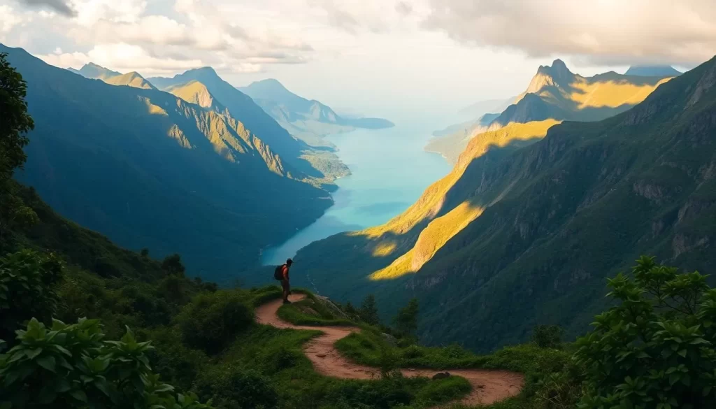 A majestic landscape of the Mahale Mountains, Tanzania. In the foreground, a winding trail snakes through lush, verdant foliage, inviting hikers to explore. The middle ground reveals towering, jagged peaks reaching skyward, their rugged slopes bathed in warm, golden sunlight. In the background, a serene blue lake reflects the mountainous silhouettes, creating a tranquil and awe-inspiring scene. The atmosphere is one of tranquility and adventure, with soft, diffused lighting and a sense of scale that captures the grandeur of this remote, untamed wilderness. Capture this stunning vista through a wide-angle lens, framing the majestic mountains and the inviting trail that leads the way.
