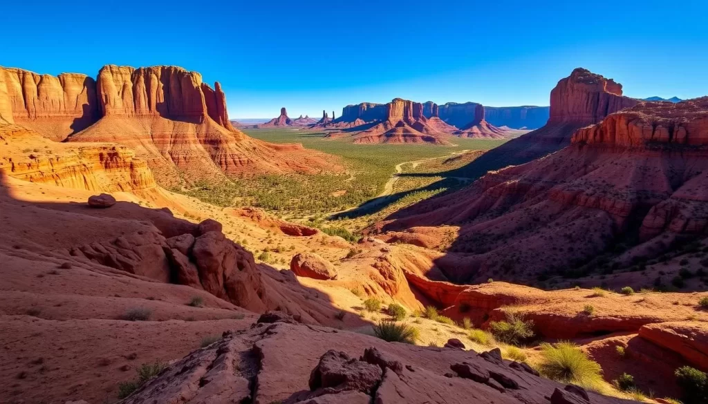 A majestic landscape of towering sandstone cliffs and winding hiking trails set against a clear blue sky in Capitol Reef National Park, Utah. Rugged, sun-dappled terrain in the foreground leads the eye towards a middle ground of lush, verdant vegetation and dramatic rock formations. In the distance, the iconic domes and spires of the Waterpocket Fold rise up, bathed in warm, golden light. Capture the serene, awe-inspiring atmosphere of this natural wonder with a wide-angle lens, showcasing the park's dramatic geological features and inviting hiking paths.