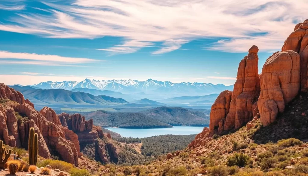 A majestic landscape showcasing the diverse climate of Nevada, USA. In the foreground, a sun-drenched desert with towering rock formations and cacti. The middle ground features rolling hills blanketed in lush greenery, with a serene lake reflecting the azure sky. In the distance, snow-capped mountain peaks rise majestically, their tips illuminated by warm, golden sunlight. The scene is bathed in a soft, natural light that accentuates the subtle textures and vibrant colors of the environment. This panoramic vista captures the breathtaking contrast and harmony of Nevada's varied climate zones.