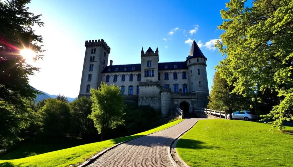 A majestic medieval castle perched atop a verdant hill, Clervaux Castle stands proudly against a cloudless azure sky. Sunlight filters through the tall windows, illuminating the intricate stone facades and turrets. The castle's imposing silhouette casts a strong shadow, hinting at its storied past. In the foreground, a cobblestone path leads visitors towards the grand entrance, inviting them to explore the castle's well-preserved interiors and learn about its rich history. Lush green trees and rolling hills frame the scene, creating a picturesque landscape that captures the essence of Clervaux's cultural heritage.