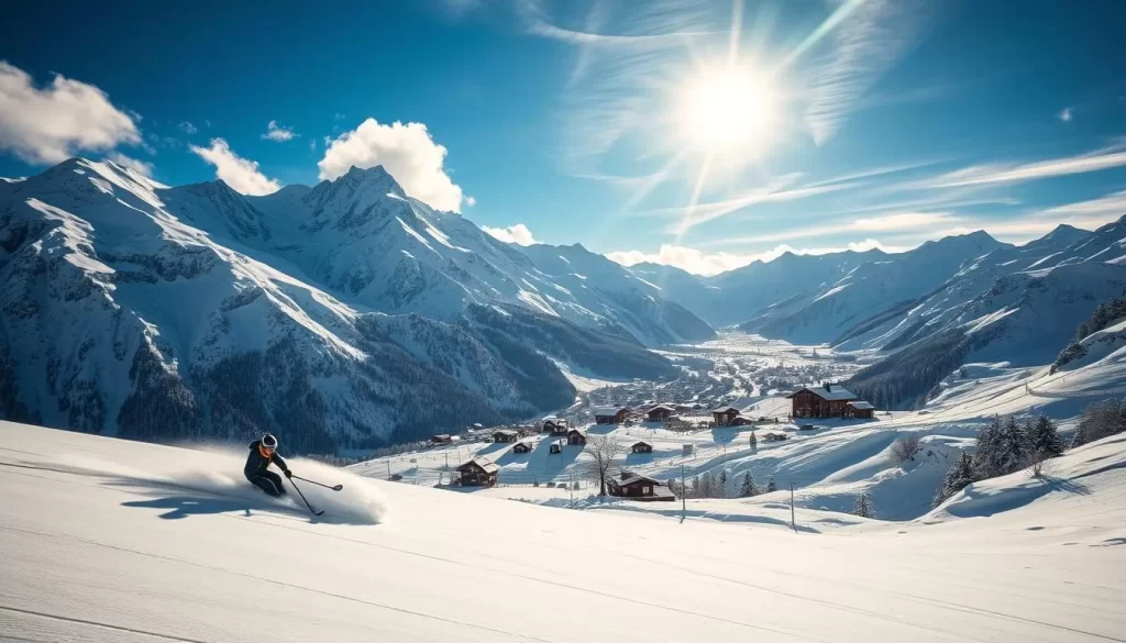 A majestic mountain landscape, snow-capped peaks reaching towards the azure sky. In the foreground, a skier gracefully carves through the pristine, powdery slopes, their dynamic movements capturing the exhilaration of the alpine experience. Sunlight filters through wispy clouds, casting a warm, golden glow over the scene. The middle ground reveals a quaint alpine village, its charming chalets nestled amidst the towering peaks, hinting at the rich history and culture of this renowned ski destination. In the distance, a network of ski lifts and trails wind through the rugged terrain, inviting the viewer to explore the vast and challenging terrain that has made this region the cradle of alpine skiing.