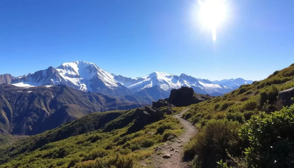 A majestic mountain landscape under a bright, sun-dappled sky. In the foreground, a winding trail snakes through lush, verdant foliage, leading the eye deeper into the scene. Towering peaks, capped with pristine snow, rise majestically in the distance, creating a sense of scale and awe. Rugged, rocky outcroppings punctuate the middle ground, hinting at the challenging terrain that awaits hikers. The scene exudes a sense of adventure and exploration, capturing the essence of the Machame Route, one of the most popular paths to the summit of Mount Kilimanjaro.