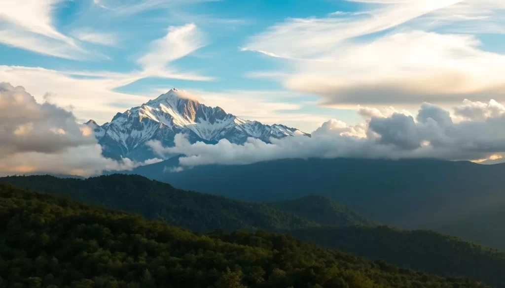 A majestic mountain range piercing the clouds, bathed in warm, golden sunlight filtering through wispy cirrus formations. In the foreground, a lush, verdant forest covers the rolling foothills, contrasting with the rugged, snow-capped peaks in the distance. The scene exudes a sense of tranquility and natural wonder, perfect for a weather-savvy traveler exploring the picturesque landscapes of North Carolina.