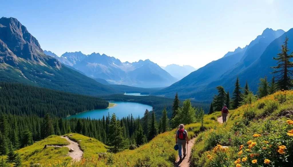A majestic national park landscape, with towering mountains in the background, their peaks piercing the azure sky. In the foreground, a winding hiking trail leads through lush, verdant forests, dotted with vibrant wildflowers. Sunlight filters through the canopy, casting a warm, golden glow over the scene. In the middle ground, a pristine lake reflects the surrounding beauty, its calm waters inviting exploration by canoe or kayak. Adventurous hikers can be seen making their way along the trail, their backpacks and hiking gear suggesting a journey of discovery and exploration. The overall mood is one of tranquility, adventure, and a deep connection with the natural world.