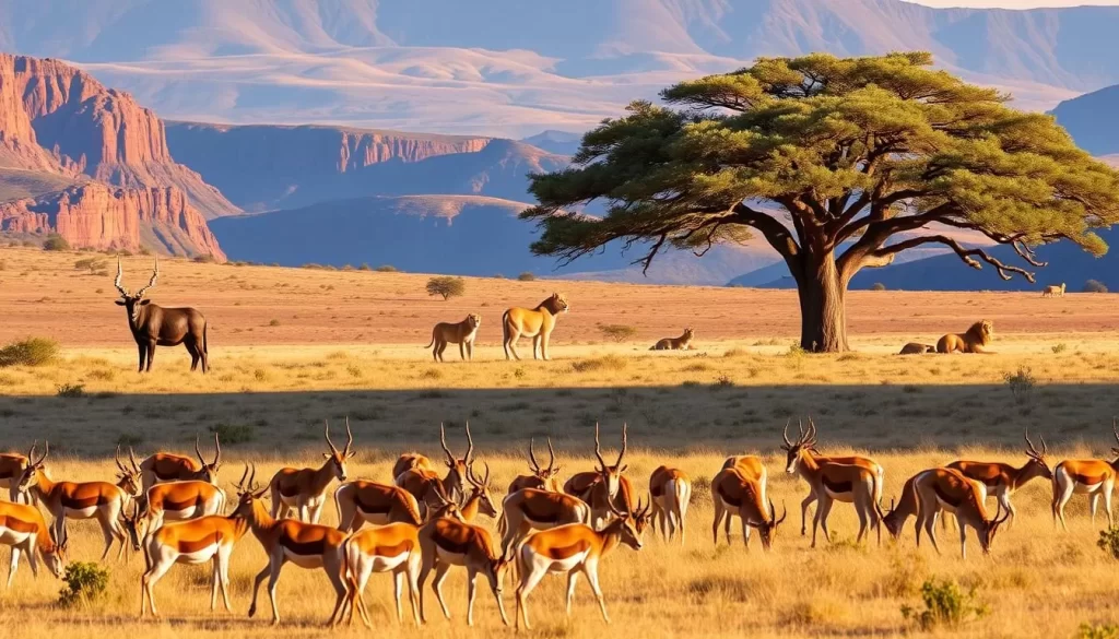 A majestic panorama of Camdeboo National Park in South Africa, showcasing its diverse wildlife. In the foreground, a herd of graceful springbok graze peacefully, their tawny coats glistening in the warm, golden afternoon light. In the middle ground, a towering kudu bull stands alert, its spiral horns casting dramatic shadows. Further back, a pride of lions rests in the shade of a sprawling acacia tree, their tawny manes catching the breeze. The background is dominated by the park's iconic Karoo landscape, with rugged, ochre-hued cliffs and rolling hills stretching into the distance. The scene is bathed in a soft, natural lighting, creating a serene, almost meditative atmosphere, inviting the viewer to immerse themselves in the rich tapestry of Camdeboo's wildlife.