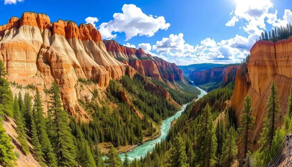 A majestic panorama of the Grand Canyon of the Yellowstone, with its vibrant yellow and orange hues carved into the rugged landscape. Towering cliffs plunge down to a winding river below, where sunlight dances across the rushing waters. Lush pine forests line the canyon's edge, their verdant foliage framing the dramatic vista. In the distance, the sky is a brilliant blue, dotted with fluffy white clouds that cast gentle shadows over the scene. Capture this awe-inspiring natural wonder with a wide-angle lens, showcasing the sheer scale and grandeur of this iconic geological formation.