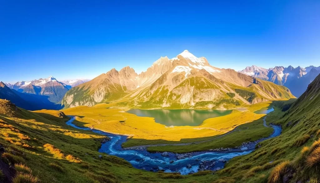 A majestic panorama of the Hohe Tauern National Park, Austria, showcasing its towering alpine peaks, pristine glacial lakes, and lush meadows. Capture the scene with a wide-angle lens, bathed in warm, golden afternoon sunlight that casts dramatic shadows across the rugged terrain. In the foreground, a crystal-clear mountain stream winds through the verdant landscape, inviting the viewer to explore the park's enchanting trails. The middle ground features a dramatic, snow-capped mountain ridge, its jagged silhouette mirrored in the still waters of a serene alpine lake. The background is dominated by a vast, sweeping vista of the park's iconic summits, their icy peaks piercing the azure sky.