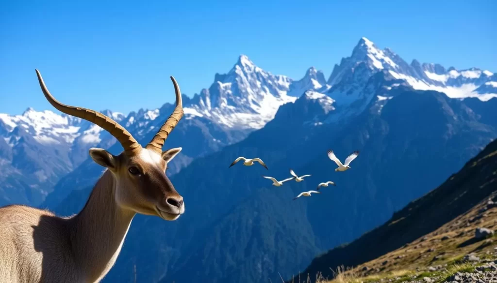 A majestic panorama of the Hohe Tauern National Park, Austria. In the foreground, a graceful chamois gazes intently, its horns glinting in the warm sunlight. In the middle ground, a flock of elusive ptarmigan take flight, their white feathers flashing against the rugged alpine backdrop. Towering in the distance, the snow-capped peaks of the Hohe Tauern mountains rise majestically, their jagged ridges silhouetted against a clear, azure sky. The scene exudes a sense of tranquility and unspoiled natural beauty, capturing the essence of this wildlife-rich region.