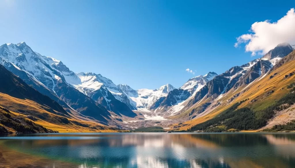 A majestic panorama of the Kaçkar Dağları Milli Parkı, Turkey's premier alpine wilderness. Towering snow-capped peaks pierce the azure sky, their rugged slopes adorned with lush meadows and glacial lakes. In the foreground, a serene alpine lake reflects the dramatic scenery, its crystal-clear waters a mirror of the mountainous landscape. Warm, natural lighting bathes the scene, accentuating the vivid colors and textures of the environment. Capture the grandeur and pristine beauty of this stunning glacial landscape, a true natural wonder.