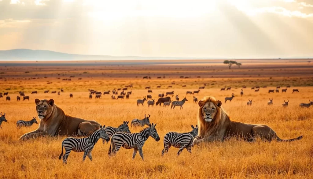 A majestic pride of lions relaxing in the golden savanna of Serengeti National Park, Tanzania. The warm afternoon sunlight filters through wispy clouds, casting a soft glow over the tawny fur and piercing eyes of the big cats. In the middle ground, a herd of grazing zebras and gazelles adds to the dynamic wildlife scene. The expansive grasslands stretch out to the horizon, with distant acacia trees dotting the background. Capture the essence of this iconic African wilderness through a cinematic, wide-angle lens that conveys the awe-inspiring grandeur of the Serengeti ecosystem.